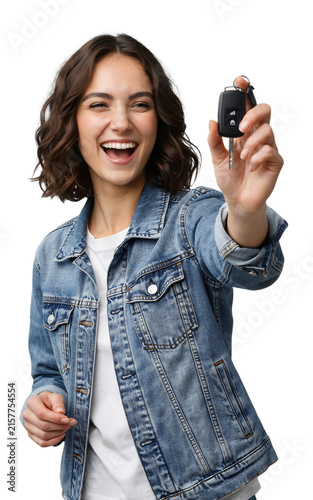 Happy woman smiling and holding car keys in hand with lifestyle ownership transport purchase achievement portrait