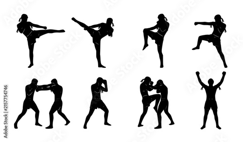 Foto Traditional Muay Thai Combat Poses Black Silhouette Vector Collection