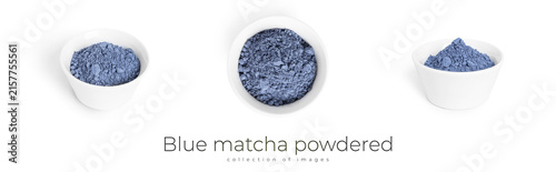 Bild auf Leinwand Blue matcha powdered tea isolated on white background.