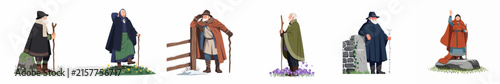 Foto Collection of character illustrations depicting shepherds and travelers in traditional folk costumes with walking sticks, isolated on a white background