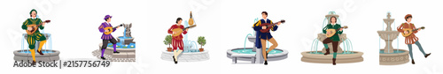 Fotografie Set of six medieval minstrel illustrations featuring men in traditional costumes playing lutes by stone fountains, isolated on a white background