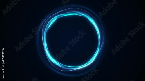 Cyan blue light ring moves with soft energy waves on a deep dark background, creating a polished futuristic frame in 4k 60fps loop.