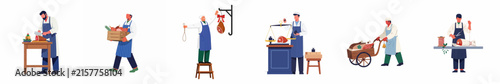 Vector set of male butchers and market vendors performing various tasks like cutting meat, carrying produce, and weighing goods on a white background.