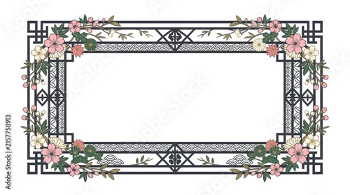 Traditional Asian floral frame with cherry blossom ornament.