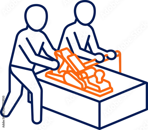 Professional team of woodworkers using a manual hand plane tool on a wood block, minimalist vector illustration for industry.