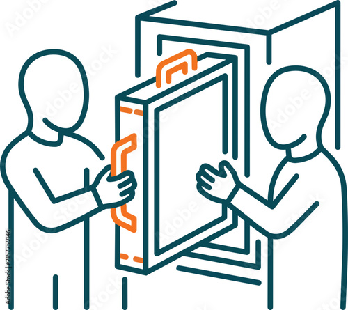 Maintenance team installing a new industrial air filter in ventilation unit, professional service line art vector illustration.