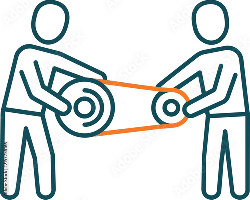 Two Industrial Workers Aligning Mechanical Belt on Pulleys for Maintenance Teamwork Concept Vector Illustration