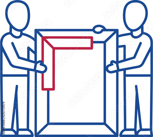 Two team members squaring a frame using a measurement tool in a minimalist vector outline style for business collaboration.
