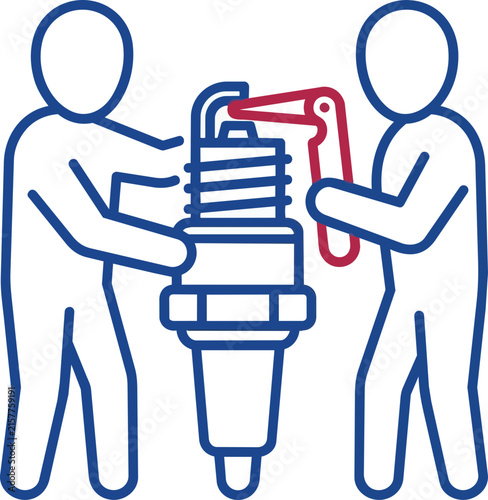 Teamwork Illustration of Mechanics Calibrating a Spark Plug with Tools for Automotive Industry Maintenance Service