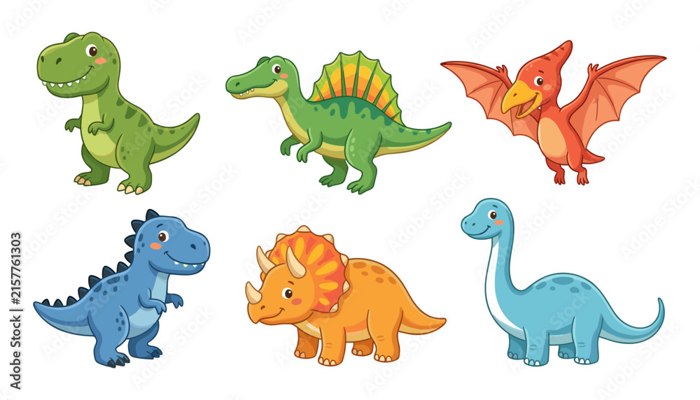 Obraz premium Cute Dinosaur Cartoon Character Set with Tyrannosaurus Rex, Spinosaurus, Pterodactyl, Triceratops, and Brachiosaurus Vector Illustrations for Kids Nursery and Book Designs