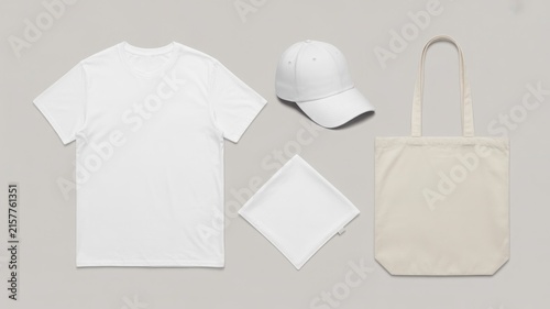 White apparel and accessories mockup set on gray