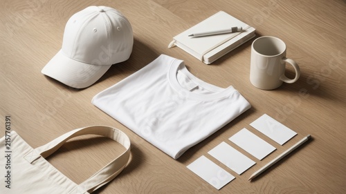 Blank white promotional branding identity mockup set on a wooden table