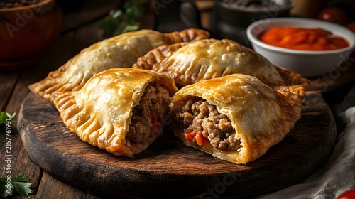 Golden baked empanada with savory meat filling visible on a rustic wooden platter with salsa.