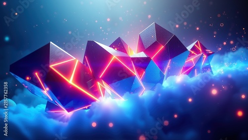 Geometric shapes float above luminous clouds. Neon lines connect structures, creating vibrant digital landscape. Dark background enhances glow.