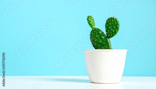 Small Green Prickly Pear Cactus in White Square Pot on White Table against Vibrant Light Blue Background – Potted Houseplant, Office Desk Decor, Succulent Gardening, and Minimalist Interior Concept