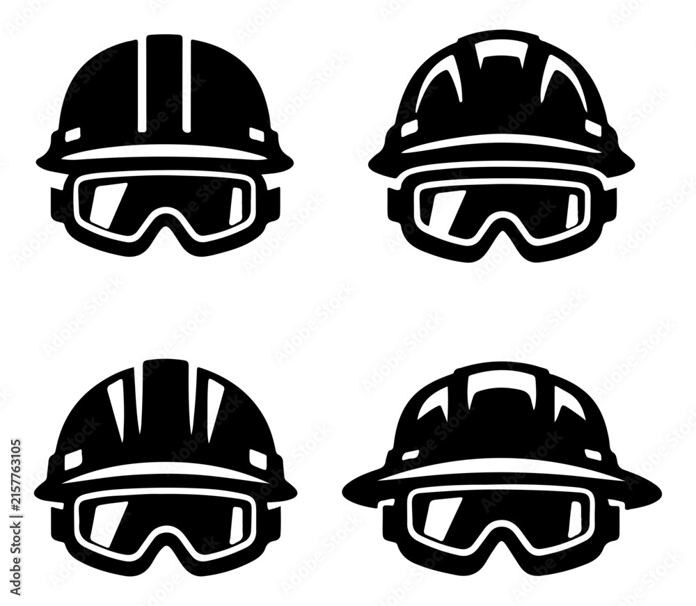 Fototapeta premium Black protective helmets and goggles set for safety and sports