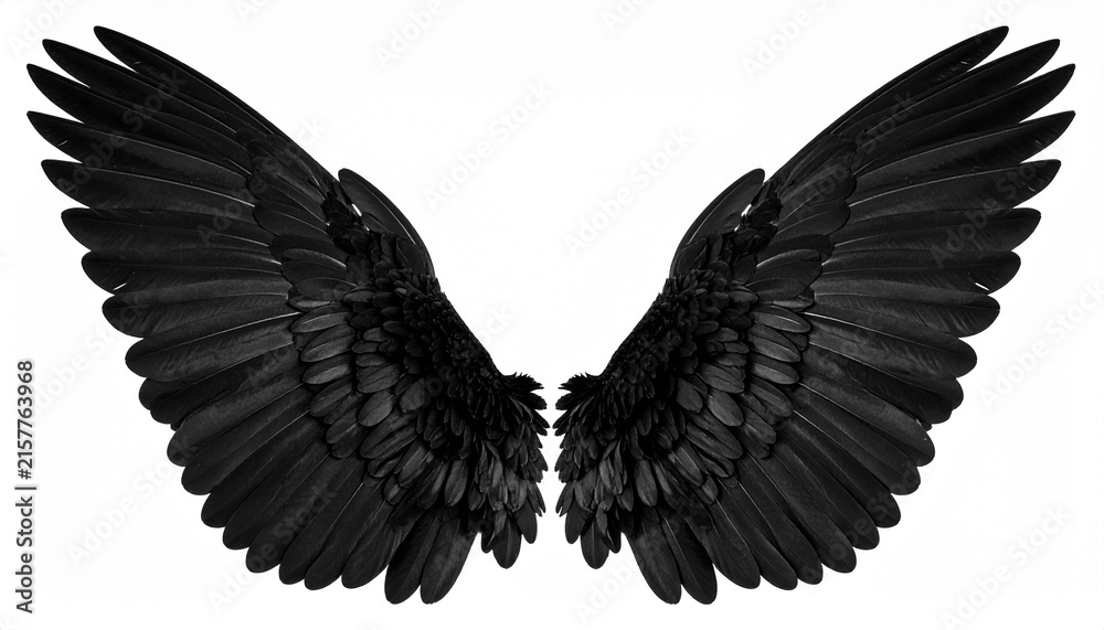 Fototapeta premium Pair of Large Symmetrical Black Feather Wings Spreading Open against Clean White Background – Fallen Angel, Gothic Fantasy, Dark Angel, and Feathered Wing Clip Art Concept