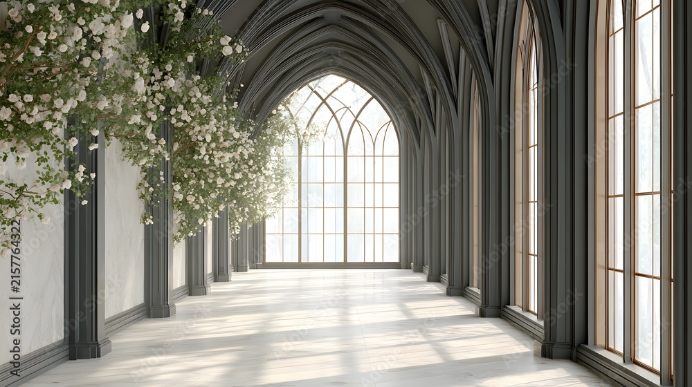 Fototapeta premium Empty neo-gothic biophilic atrium hallway featuring climbing white floral arrangements and arched windows for luxury wedding venue marketing and high-end architectural visualization