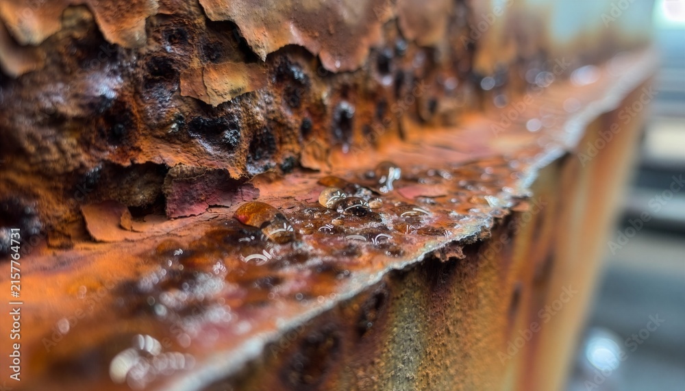 Fototapeta premium Extreme macro of a rusted metal pipe, rough orange-brown corrosion, cracked oxidized surface.
