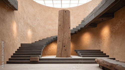 Massive central wooden log column and curved dark wood stairs in a minimalist wabi-sabi textured atrium for luxury interior design and architectural inspiration