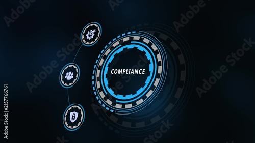 Regulatory compliance and security standard concept presented on a digital HUD futuristic interface background with modern technology icons.