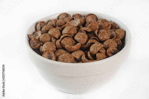 chocolate cornflakes in white bowl
