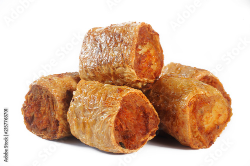 deep fried crab meat rolls or hoi jo on white background