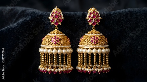 Traditional Indian gold jhumka earrings with ruby stones and pearl accents