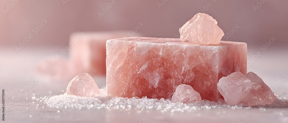 Fototapeta premium Solid block of Himalayan pink rock salt with loose crystals in a soft studio setting for cosmetic product display and wellness spa mockup backgrounds