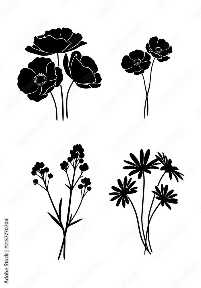 Fototapeta premium Collection of Minimalist Black Flower Silhouettes Including Poppies and Daisies on White Background