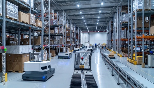 Automated warehouse with robots and conveyor.