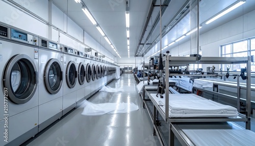 industrial laundry facility interior with machines.