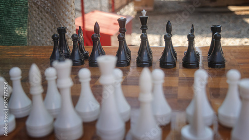 Obraz na płótnie Perspective View Across Outdoor Chessboard Facing Black Team