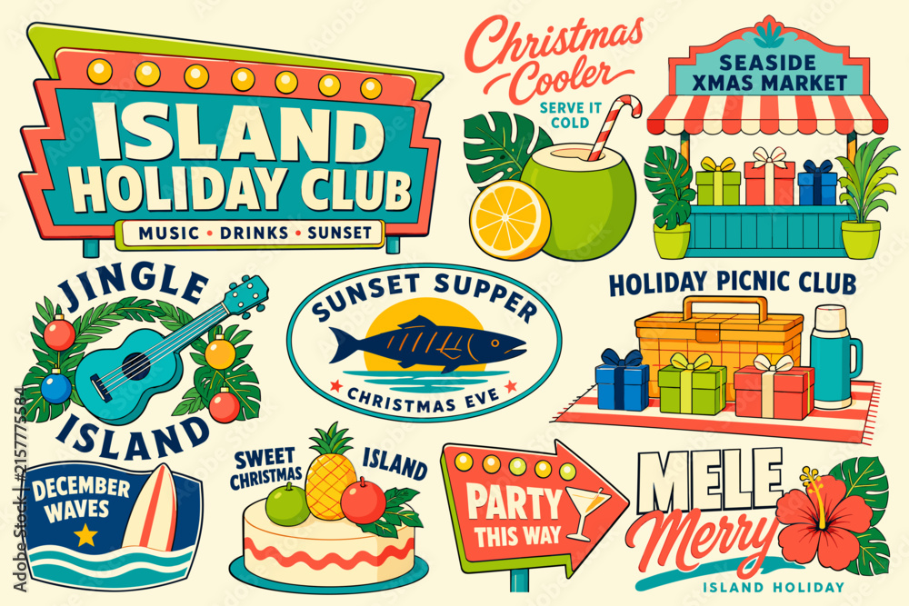 Naklejka premium A collection of retro-style tropical Christmas and island holiday themed illustrations and signs, featuring festive elements like gifts, drinks, food, and leisure activities.