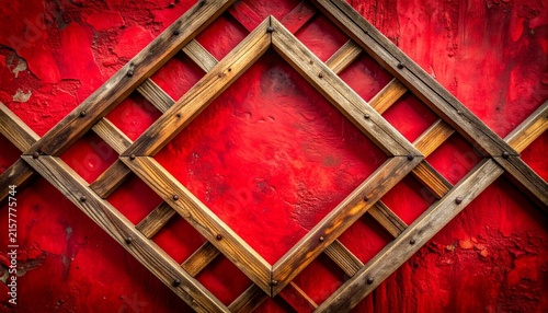 Weathered wooden lattice frame against vivid red textured backdrop, crisscross diamond pattern symbolizing rustic contrast and artistic composition.