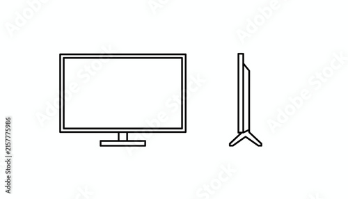 Front and side view outline diagram of a modern flat screen television monitor, perfect for technical and product layout use.