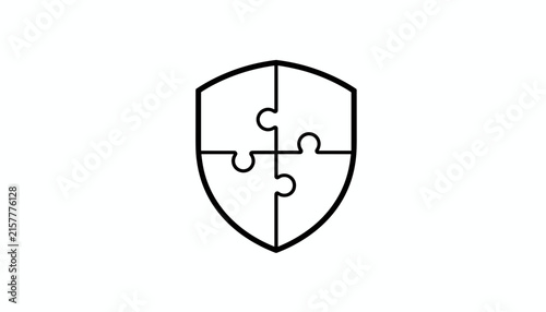 Simple black outline vector icon of a protective shield composed of four interlocking puzzle pieces, isolated on a white background.