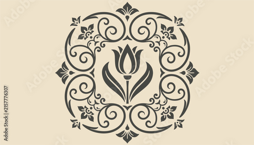 Symmetrical circular ornament with classic Victorian swirls enclosing a minimalist tulip flower on a beige background.