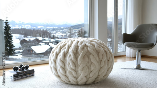Cozy knitted pouf on fluffy rug in modern living room with winter mountain village view