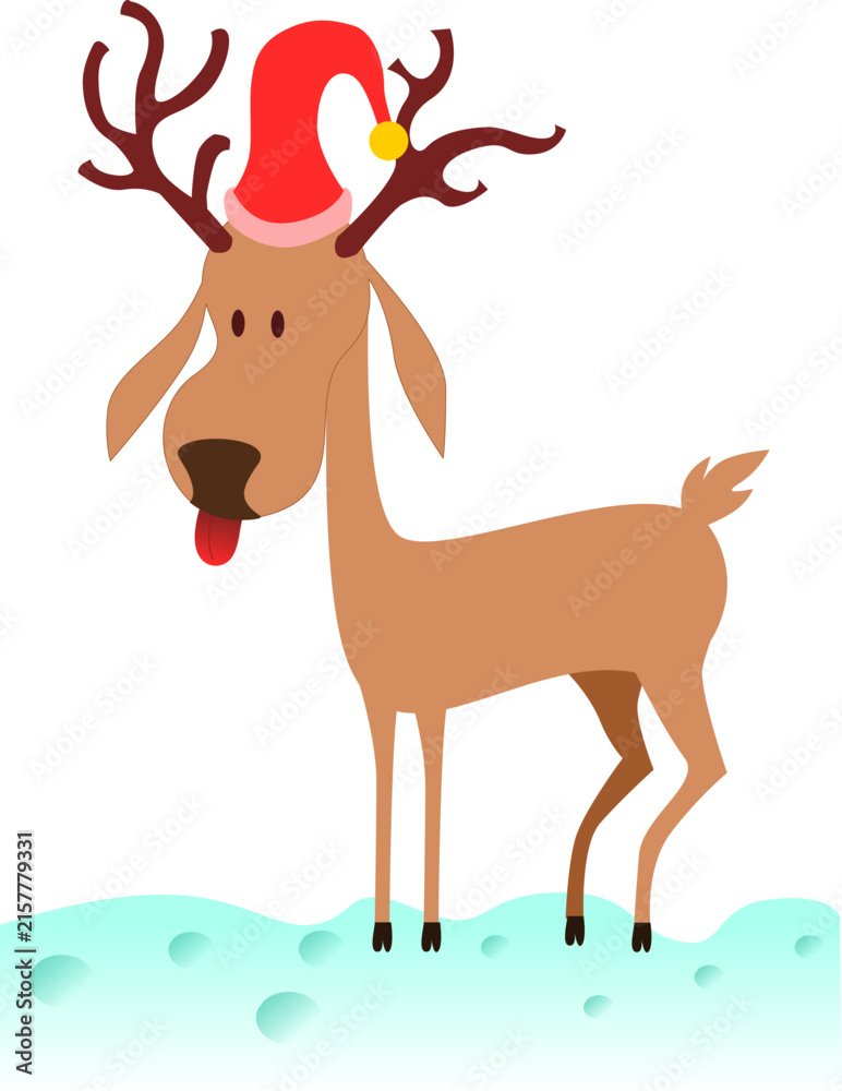 Fototapeta premium Cute Christmas Deer Reindeer Wearing Santa Hat Vector
