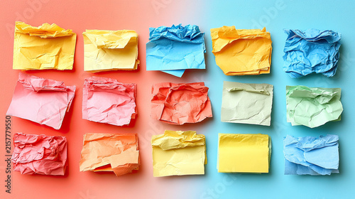 Colorful Crumpled Paper Notes Arranged on a Split Red and Blue Background