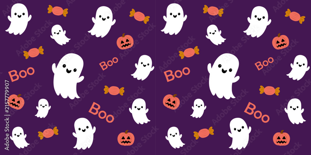 Fototapeta premium Cute Halloween Seamless Pattern with Friendly Ghosts, Candy, Pumpkins and Boo Text, Spooky Vector Background
