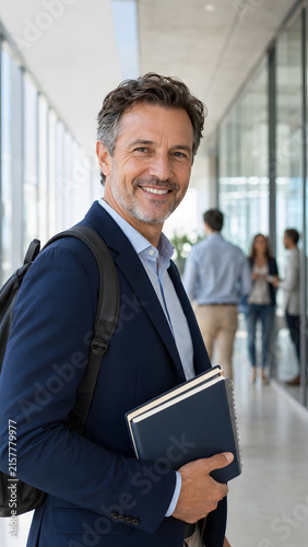Smiling mature man carries notebooks and a backpack through a modern education center hallway with other adult learners in the background.