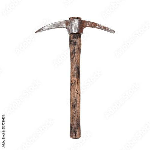 Rusty metal pickaxe with wooden handle isolated on a white and transparent background. Mining tool.