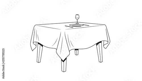 Elegant outline illustration of restaurant dinner table set with white tablecloth, plate, glass, and utensils.