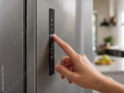 Hand pressing a touch sensitive control panel on the door of a stainless steel refrigerator in a bright and clean residential kitchen interior