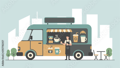 Mobile coffee food truck with a barista server handing a cup of espresso to customers against a stylized city skyline background.