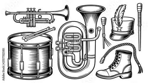 Marching band instruments, parade uniform accessories, musical equipment, ceremonial gear, vector illustration, isolated set
