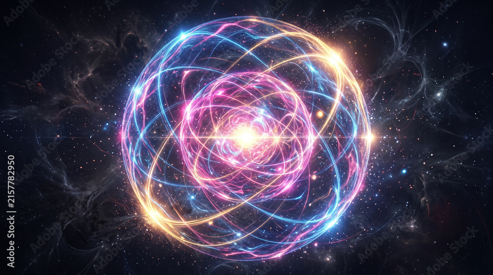 Naklejka premium Glowing colorful particle sphere orbit for cosmic space energy.
