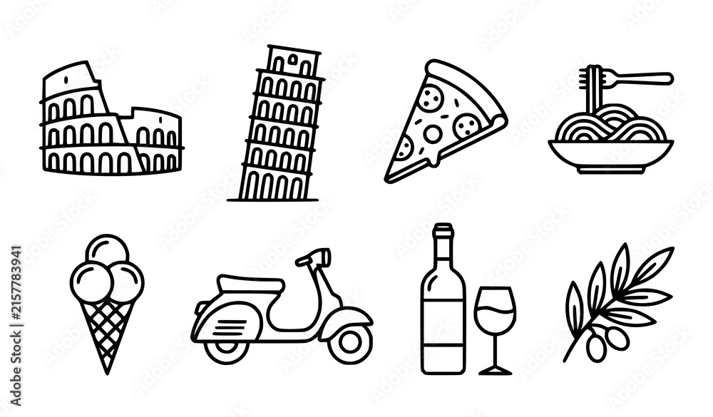 Fototapeta premium Hand drawn travel and vacation icons featuring landmarks, pizza, noodles, ice cream, scooter, wine and leaves